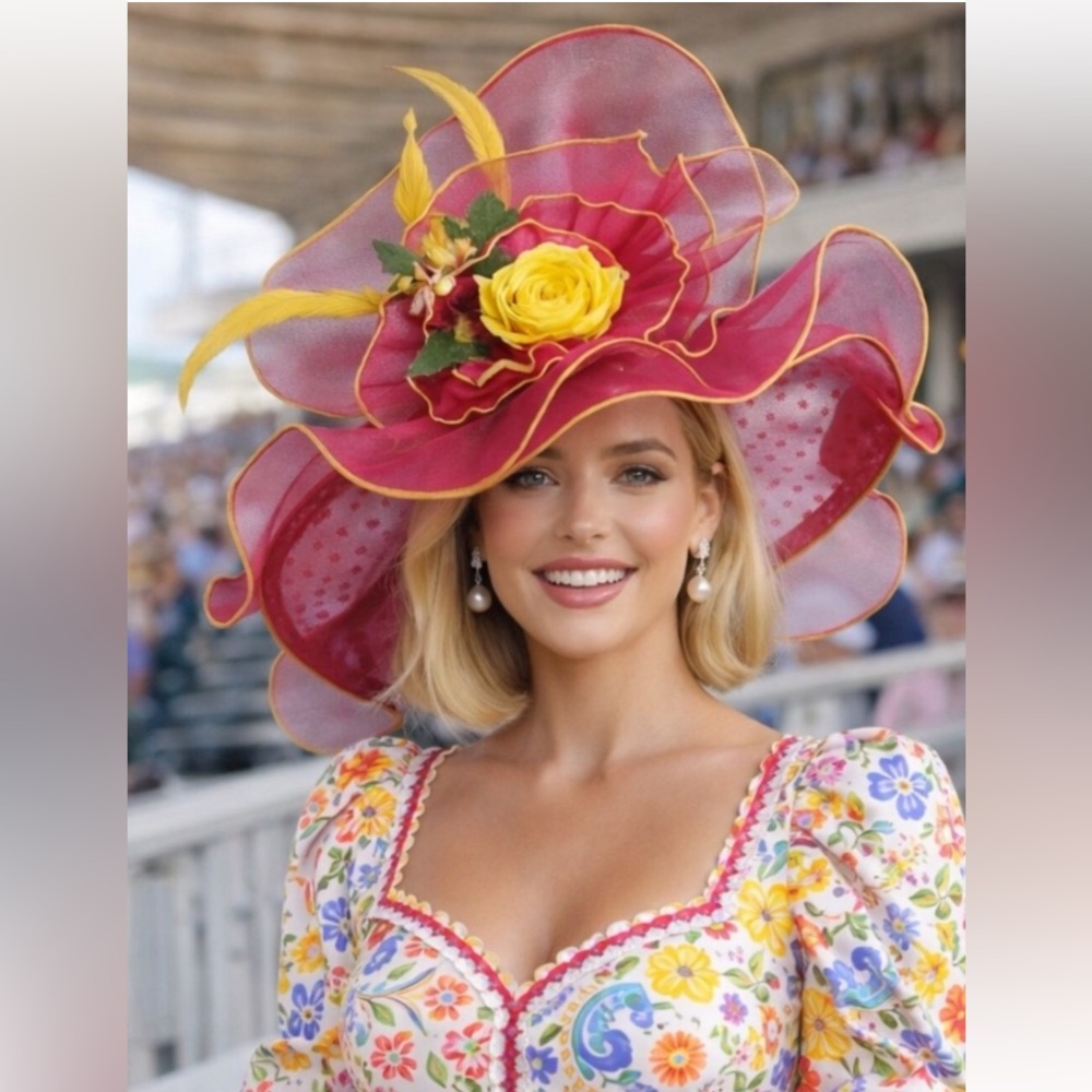 Kentucky Derby Hat Ky Oaks Organza Feather Pink Polka Dot and Yellow Floral Hat